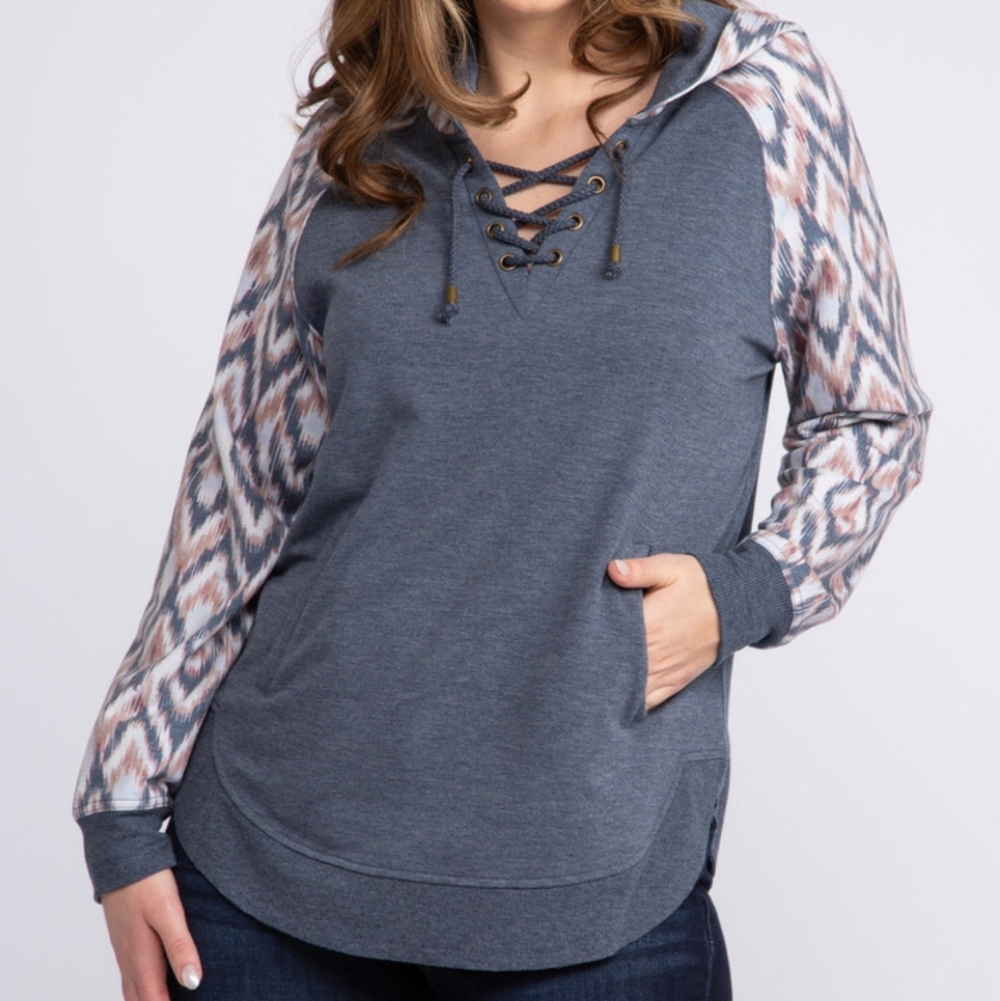 Maurices Blue/Grey Lace-Up Hoodie with Patterned Raglan Sleeves - XS